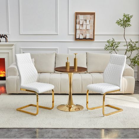 Conjunto mesa redonda 60 cm en MDF efecto nogal con 2 sillas blancas y estructura dorada (1/5)