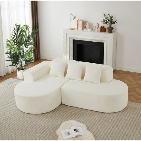 MODFU – Divano angolare sinistro in ciniglia con design arrotondato Wabi-Sabi, chaise longue, schiuma sostenuta e 3 cuscini – Beige (1/5)