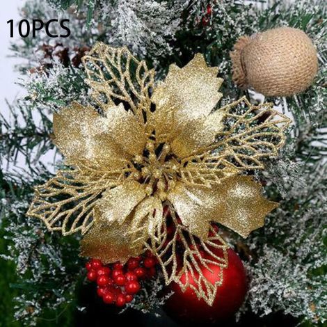Fleur Artificielle Poinsettia - 11 cm - Décoration Arbre De Noël - Or Argent Champagne Blanc Rose - 10 Pièces (1/5)