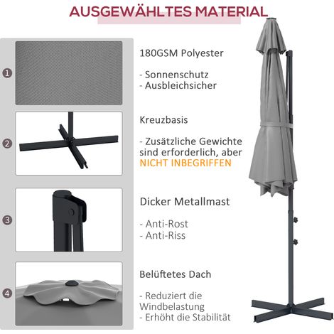 Parasol déporté 3 m diamètre, inclinable, pivotant, manivelle, ventilé, mât métallique, gris anthracite