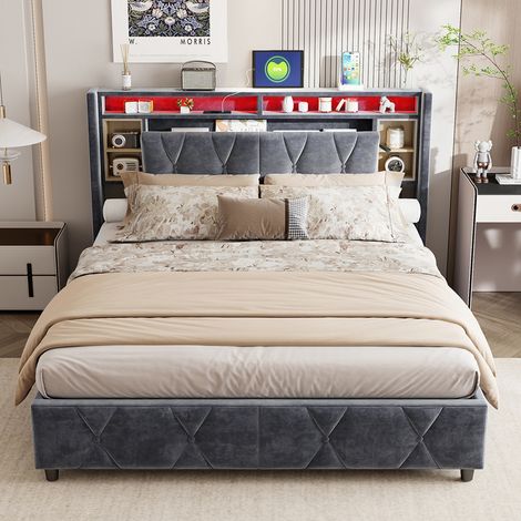 Lit coffre 160 x 200 , lit 2 personnes,chargement usb + type c, lit adulte led, cadre de lit avec sommier à lattes, velours, gris (1/5)