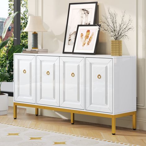 Buffet en MDF et panneaux de particules blanc brillant 140x40x80 cm avec tablettes réglables et poignées dorées (1/5)