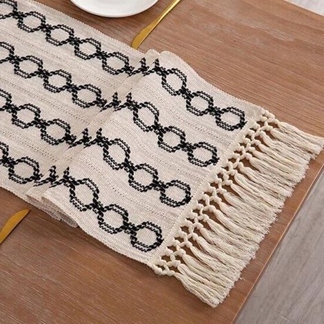 BelleRise - Chemin de table en coton et lin assorti, orné de pompons, 35 x 180 cm, idéal pour la décoration de table à manger, de chambre (1/5)