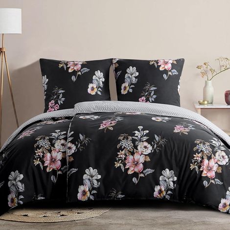 Bettwäsche-Set 135x200cm 4-teilig Blumen Schwarz Mikrofaser mit Reißverschluss (1/5)