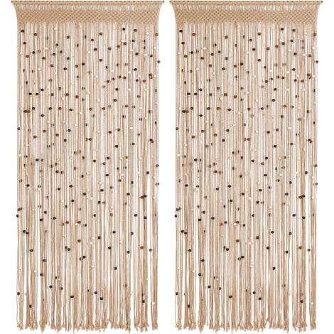 Lot de 2 Rideaux à ficelles en Coton Fait à la Main en macramé avec Perles en Bois et Pompons à Suspendre de Style Hippie – Séparateur de pièce pour Couloir, Placard, Chambre à Coucher (1/5)