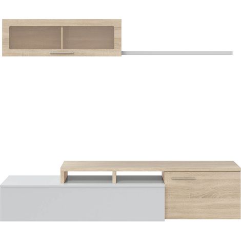 Séjour TV en panneaux de particules blanc brillant et chêne canadien - 200 cm (longueur) x 43 cm (hauteur) x 34 cm (profondeur)
