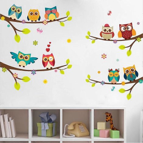 Stickers muraux pour chambre d'enfant : 9 hiboux sur des branches, arbre, fleurs, oiseaux et papillons. Décoration murale pour chambre d'enfant, bébé garçon ou fille, fenêtre. (1/5)