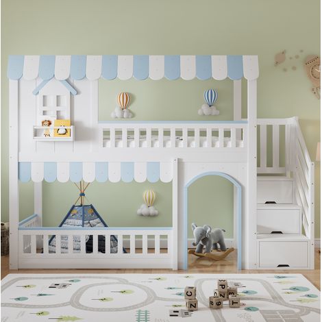 Etagenbett Kinderbett Hausbett aus Kiefernholz und MDF Weiß+Blau 90x200 cm mit Treppenregal, Fensterelementen und Lattenrost (1/5)
