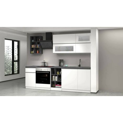 Dmora - Cocina completa Ronald, Cocina práctica y que ahorra espacio, Pared de cocina con 5 puertas y 1 cajón, 100% Made in Italy, 255x60h85 cm, Blanco brillo y pizarra, con embalaje reforzado (1/5)
