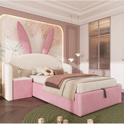 Letto per bambini 90x200 cm beige e rosa in velluto con contenitore idraulico e comodino (1/5)