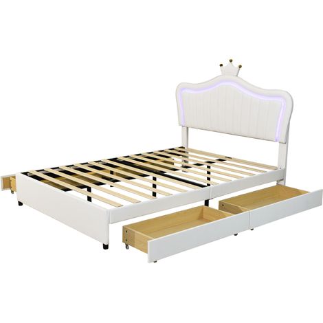 Cama infantil tapizada 140 x 200 cm blanca en PU con LED y almacenaje (1/5)