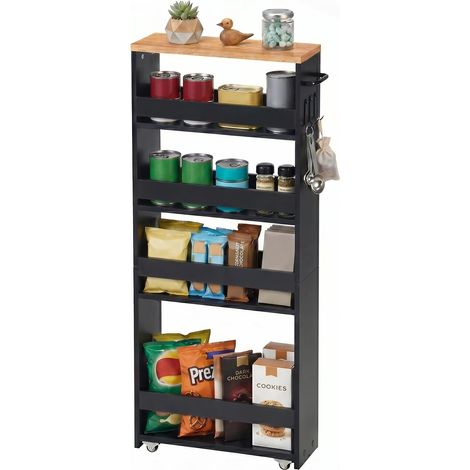 Desserte Étroite à roulettes, Desserte Cuisine, 40×15×100 cm 5 niveaux de rangement, 15 kg par niveau, avec poignée et 3 crochets pour pour Cuisine étroite Salle de Bain buanderie Bureau (1/5)