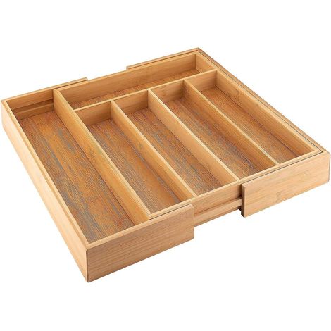 range-couverts Escamotable Coulissant, Tiroir 6 Compartiments, Bote Couverts En Bambou, Env. 39365cm, Couleur Bois (1/5)