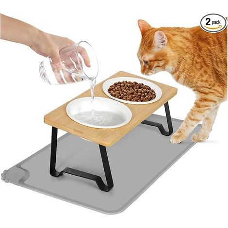 Cat Bowl – 2 Ceramic Bowls with 15° Tilted Stand and Mat – for Cats and Small Dogs (1/5)