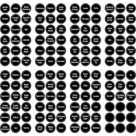 Lot de 144 étiquettes autocollantes pour pots à épices 13,5x26,7 cm – PVC imperméable – Lecture facile – 9 feuilles vierges incluses (1/5)