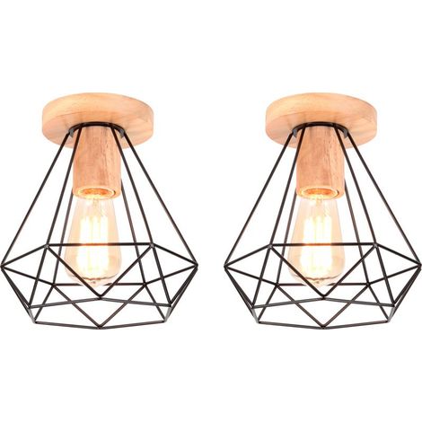 Rétro Diamant Plafonnier Industrielle Cage en Métal et Bois E27 40W Noir 2PCS (1/5)