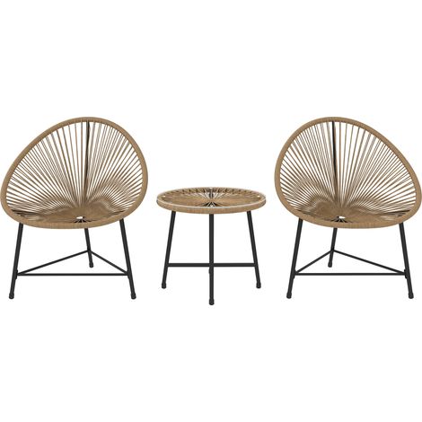 Set da Giardino 3 Pezzi con 2 Sedie con Cuscini e Tavolino da Caffè a Cilindro in Rattan PE Legno e Nero