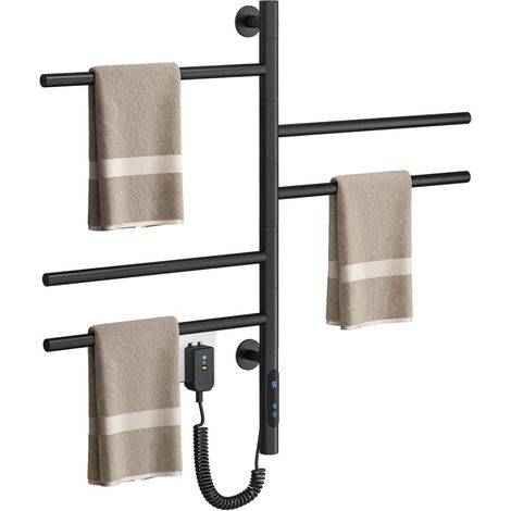 Sèche-serviettes électrique mural 5 barres pivotantes 180°, 80W 42x66cm, radiateur chauffant noir avec thermostat 45-70°C, minuterie affichage LED (1/2)