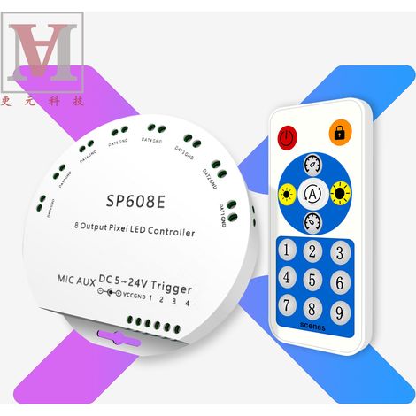 Contrôleur Bluetooth pour bande LED couleur SP608E avec 8 sorties de signal indépendantes et télécommande intelligente via application mobile