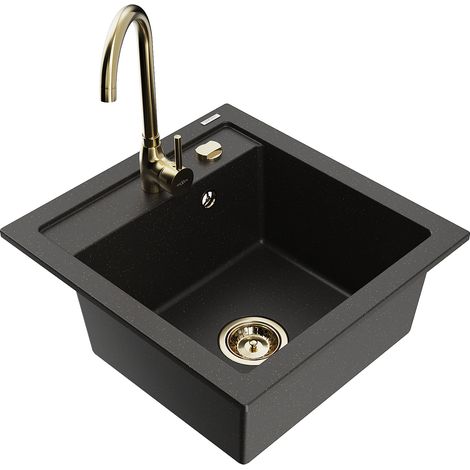 Mexen Vito 1-Becken-Granit-Spüle mit Mischbatterie Telma, Schwarz/Gold Metallisch - 6503-75-670200-5 (1/5)