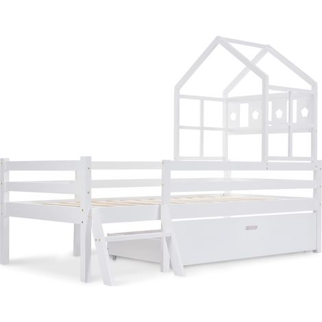 Lit de camp maison 90×200cm blanc,échelle et tiroirs,protection anti-chute,cadre à lattes,sans matelas,pin massif