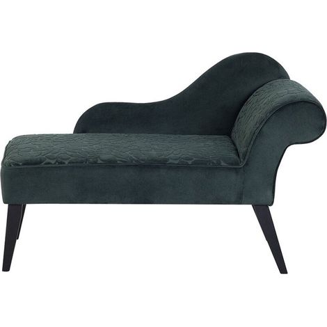 Chaise longue tapizado en tela verde con patas de madera oscura estilo glam versión derecha Biarritz (1/5)