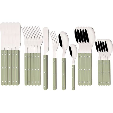 (Vert, ensemble de 24 pièces) Manche en acrylique, couverts en acier inoxydable, comprenant un couteau, une fourchette et une cuillère. (1/2)