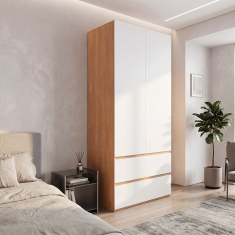 Armoire de Chambre Penderie 2 Portes et 2 Tiroirs avec Tringle à Vêtements - Meuble de Rangement Dressing Moderne - 90x50x200cm - Blanc et Chêne (1/5)