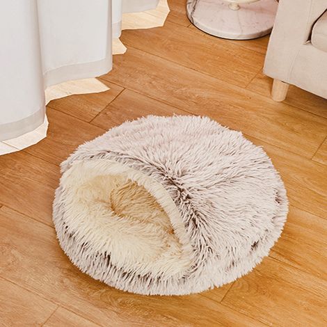 Geschlossene Katzen- und Hundehöhle, weiches Plüsch-Wärmekissen für den Winter, ganzjährig komfortables Innenhaus, Durchmesser 40 cm für Haustiere unter 2,5 kg, Farbe Kaffee-lsw