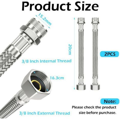 2 Pièces Tuyau Flexible Inox, 20cm 3/8 x 3/8, Tressé Acier, Raccordement Robinet, Cuisine Salle de Bain (1/5)