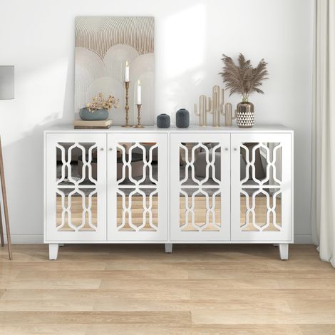 Aparador 160x40x84 cm blanco MDF con puertas efecto espejo y estante interior regulable (1/5)