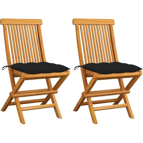 Lot de 2 Chaises de jardin avec coussins noir - Chaise d'extérieur pour terrasse/jardin Bois de teck massif BV753812 - BonneVie (1/5)