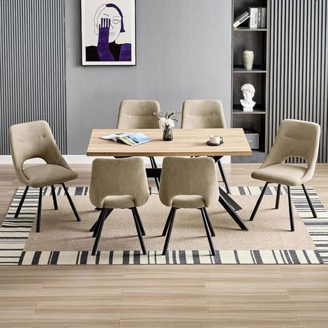 Ensemble table à manger - WAFTING - 140x80 cm - 6 chaises pivotantes 360° - Bois clair & kaki - Scandinave (1/5)