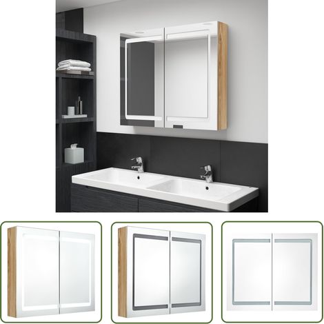 The Living Store Armoire de salle de bain à miroir LED Chêne 80x12x68 cm - Armoire Salle De Bain - Miroir Led - Meuble Salle De Bain - Éclairage Salle De Bain - Rangement Salle De Bain (1/5)
