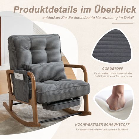 Chaise berçante velours côtelé gris ergonomique avec repose-pieds, dossier réglable, coussin lombaire et poches latérales (1/4)