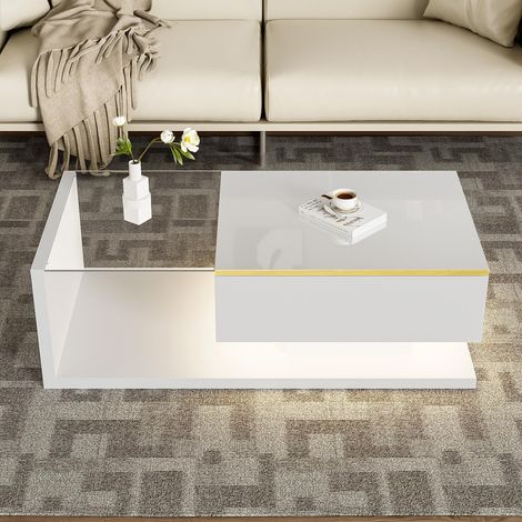 Design-Couchtisch lackiert – 100 x 50 x 32,5 cm – Hartglas mit Bluetooth-steuerbarer RGB-LED-Beleuchtung – Weiß lackiert