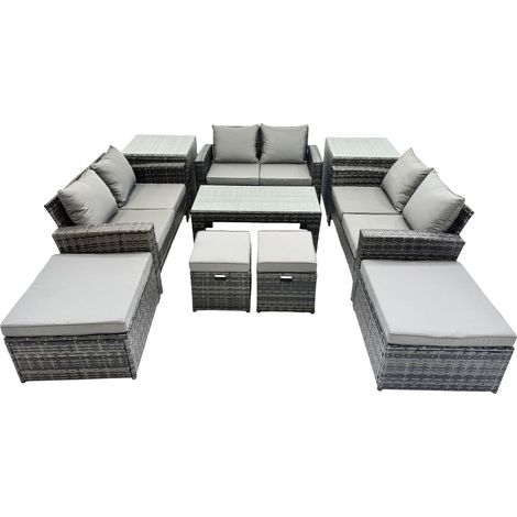 Fimous Outdoor Love Sofa Set 10 Seat Rattan Garden Furniture Set with Oblong Coffee Table 4 Stools 2 Side Table Dark Grey Mixed (1/5)