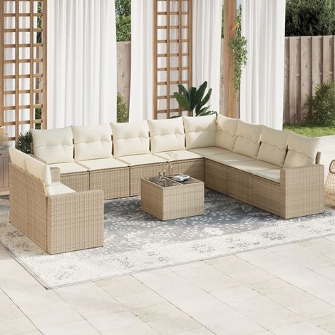 11-tlg. Garten-Sofagarnitur mit Kissen Beige Poly Rattan (1/3)