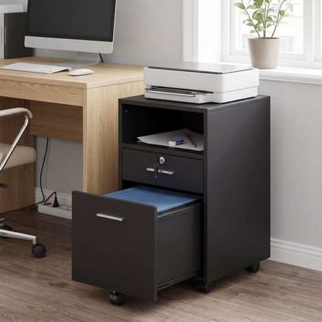 Armoire de bureau avec caisson à roulettes, 2 tiroirs, dont un verrouillable, 5 roulettes, noire, 40 x 40 x 65 cm (1/5)