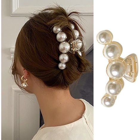 Pince à cheveux grande perle, tenue forte – pince à cheveux antidérapante couleur champagne, convient aux cheveux épais et fins –