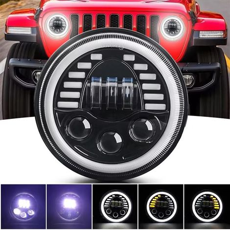 Universeller 7-Zoll (18 cm) LED-Halogen-Scheinwerfer 12V–24V, Abblend-/Fernlicht mit DRL-Tagfahrlicht und weiß-gelbem Blinker, 7