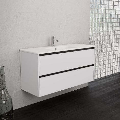 Inda - Badezimmerschrank 2 Schubladen B.120 mit mattiertem Waschbecken / Hochglanzweiß - Smeraldo (1/5)