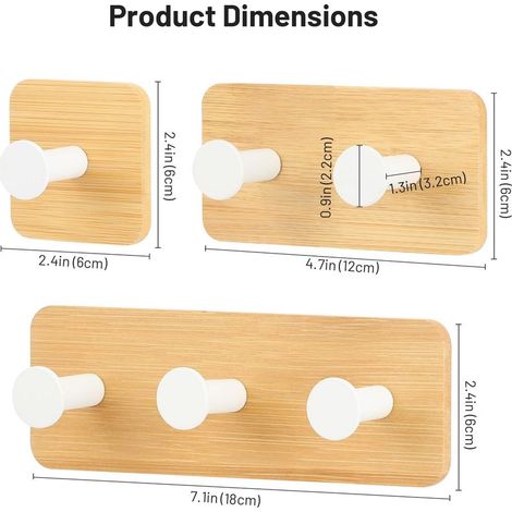 Patere Adhesive, 3 Piezas Crochet Adhésif Bambou, Sans Percer, Crochet Adhesif Mural Blanc pour Ceinture, Clés, Parapluies, Vêtements (1/4)