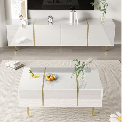 MEUBLIV Ensemble meuble TV et table basse blanc 170 cm – rangements, design moderne (1/5)