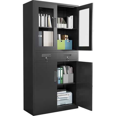 Armoire à dossiers métallique 180 cm - Portes vitrées, 2 tiroirs, 2 étagères réglables, verrouillable - grand rangement bureau/garage - Noir (1/5)