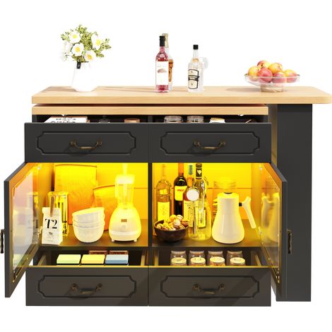 Table de bar extensible avec rangement, pivotante à 360°, LED connectée, 4 tiroirs, plateau MDF, 135-203 cm, noire, pour salon et cuisine  CHICFURN (1/5)
