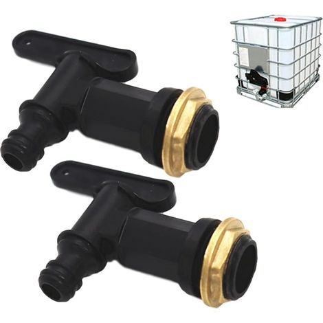 Lot de 2 robinets pour citerne d'eau de pluie - Filetage 3/4' IBC - Adaptateur de valve en argile - Accessoire pour raccordement d'eau de jardin (bouton en fil de laiton), (Wasserhahn)