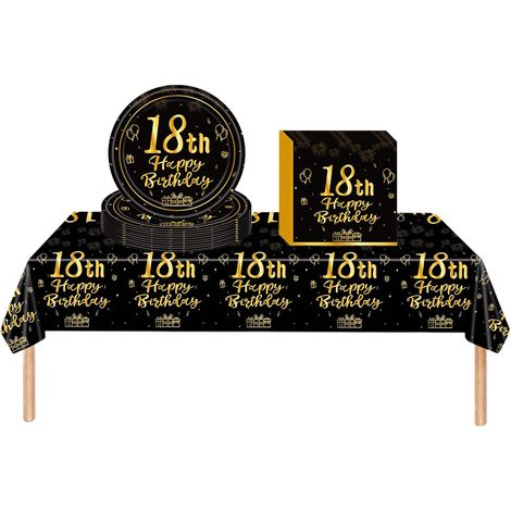 Ensemble de vaisselle noir et doré joyeux 18 ans, 31 pièces décorations pour 18e anniversaire, vaisselle de fête en plastique, assiettes en papier, serviette pour garçons, filles, enfants, lui (1/5)