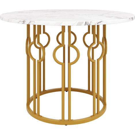 Mesa de comedor redonda 100 x 100 x 76 cm, tablero MDF efecto mármol, patas metálicas doradas (1/5)