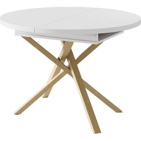 Mesa de comedor extensible 100/140 x 100 cm blanca efecto madera con patas cruzadas (1/5)